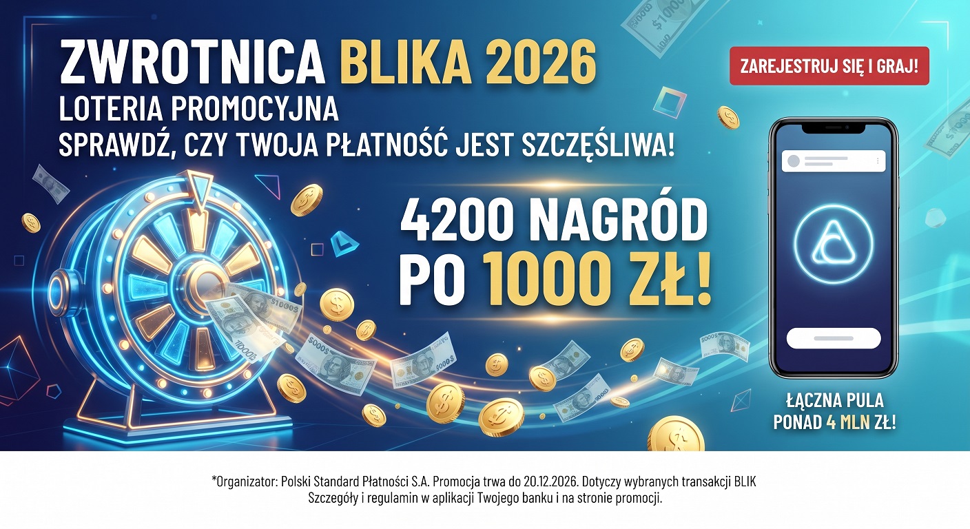 Baner promocyjny akcji Zwrotnica BLIKA 2026 z informacją o 4200 nagrodach po 1000 zł